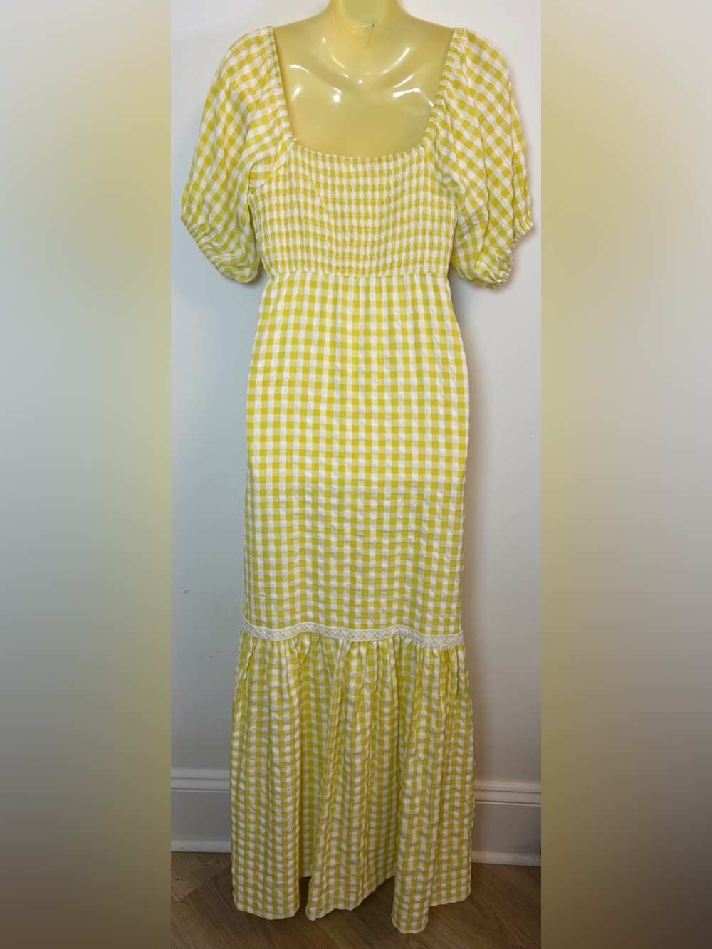 Yellow Gingham Tie-Front Maxi Dress with Puff Sleeves by Mable - Picture 3 of 10